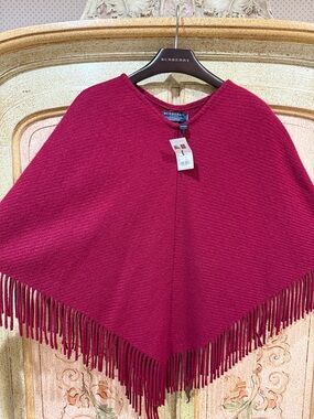 NWT Burberry London Cranberry Fringe Wool Poncho